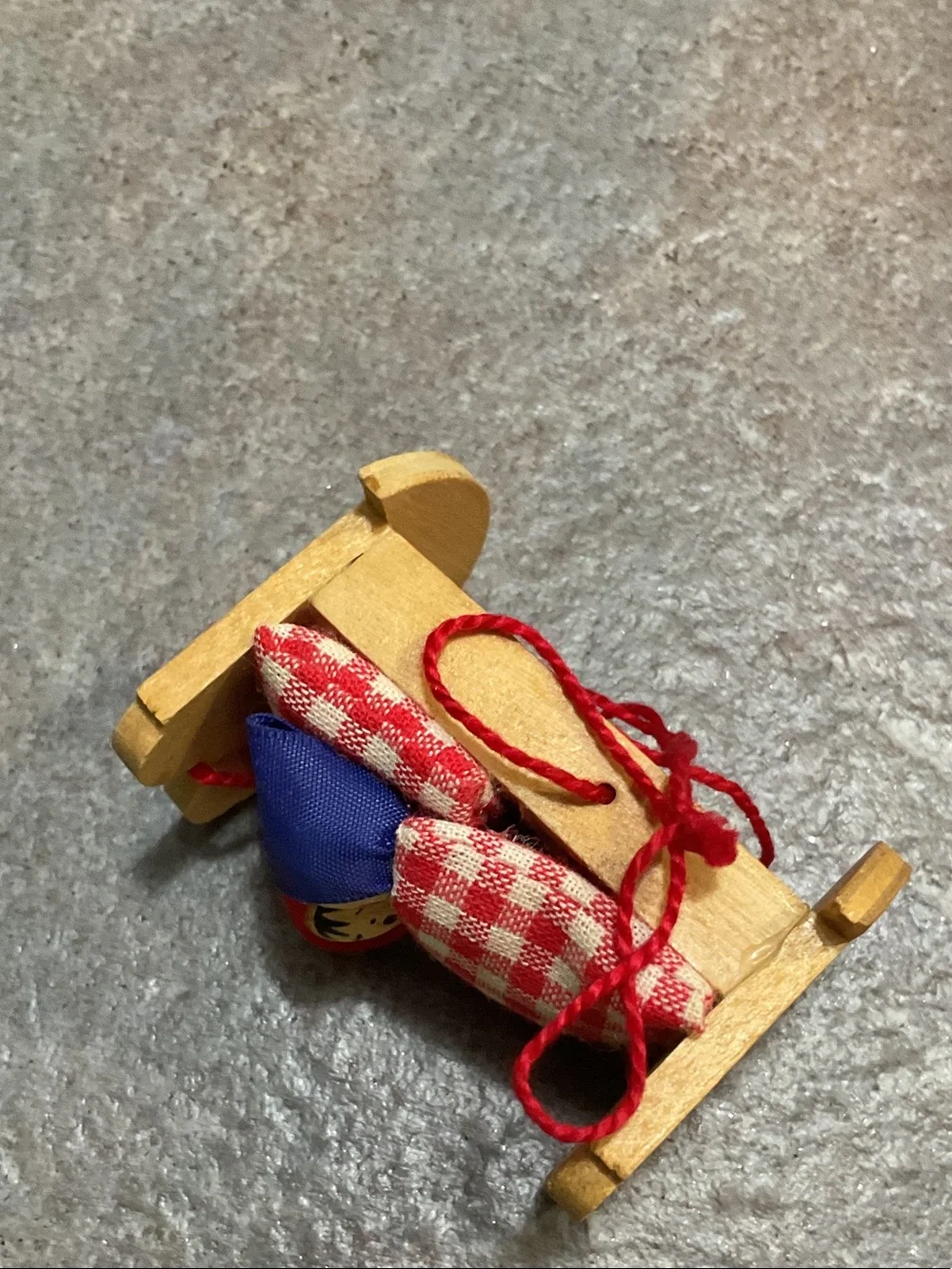 Wooden Holiday Cradle Ornament with Red Gingham Bedding made in Germany